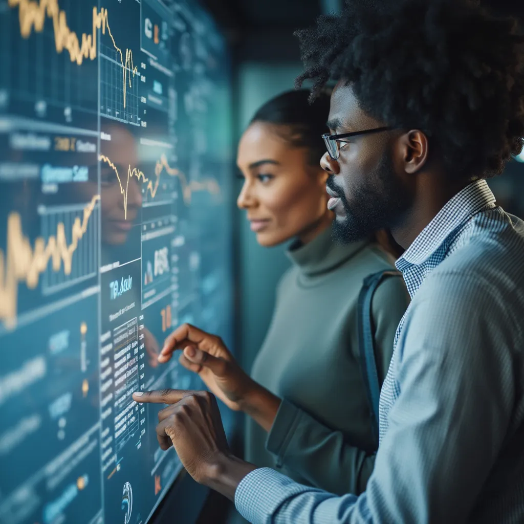 Consultores analizando datos complejos en pantalla digital