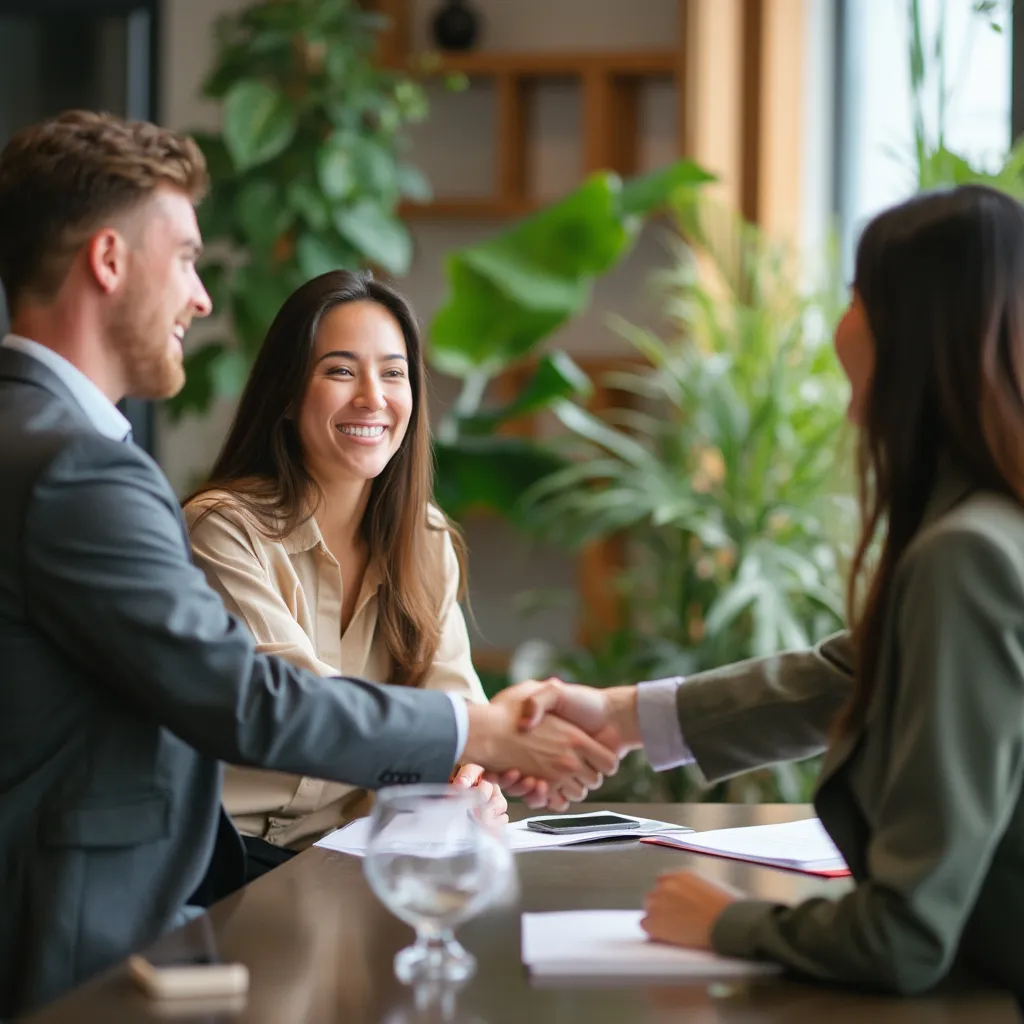 Reunión exitosa con cliente sonriendo y dándose la mano